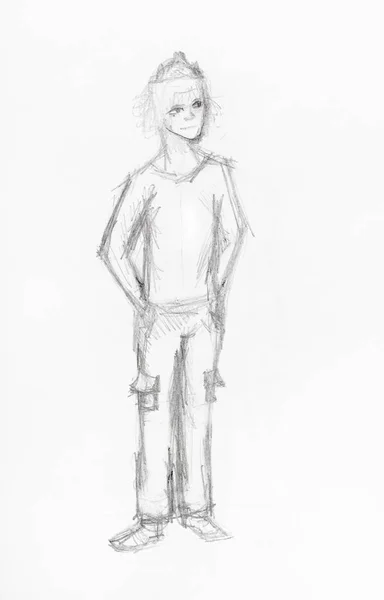 Skiss av pojke i casual kläder med blyertspenna — Stockfoto
