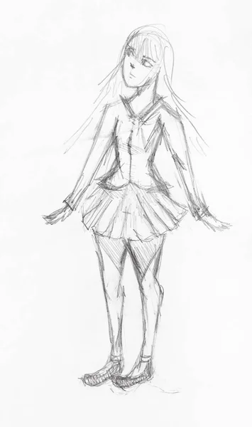 Menina em larga saia curta mão desenhada por lápis — Fotografia de Stock