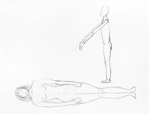 sketch of lying human body and zombie by pencil