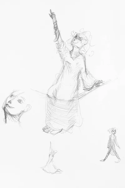 Sketches of face and female figures looking up — Stock Photo, Image