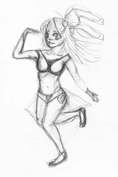 Sketch of running girl with long hair in swimsuit — Stock Photo, Image