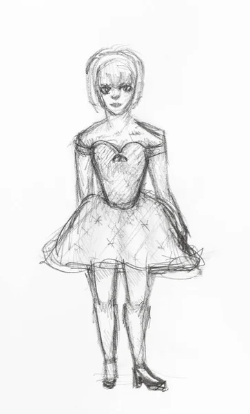 Σκίτσο του κοριτσιού σε ευρύ κοντό φόρεμα πάρτι — Φωτογραφία Αρχείου