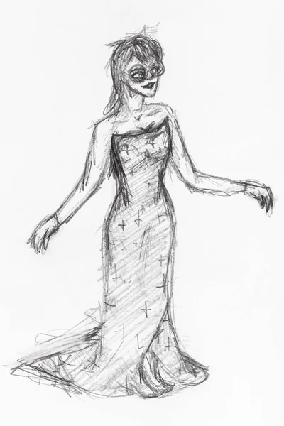 Sketch of happy girl in gown and masquerade mask — Stock Photo, Image