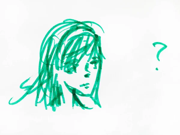 Sketch of thoughtful girl head by green felt pen — Stock Photo, Image