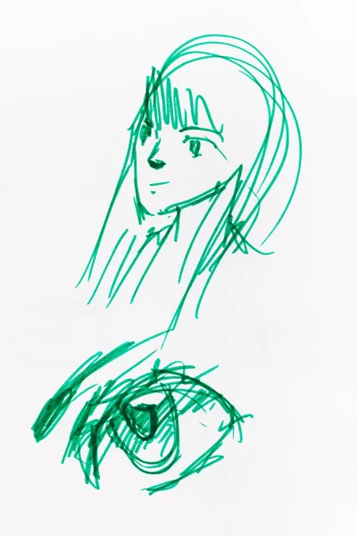 Sketch of female head and eye by green felt pen — Stock Photo, Image