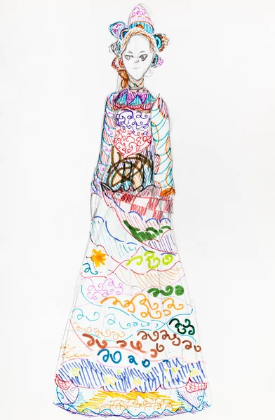 Chica en la mano vestido largo popular dibujado por plumas de fieltro — Foto de Stock