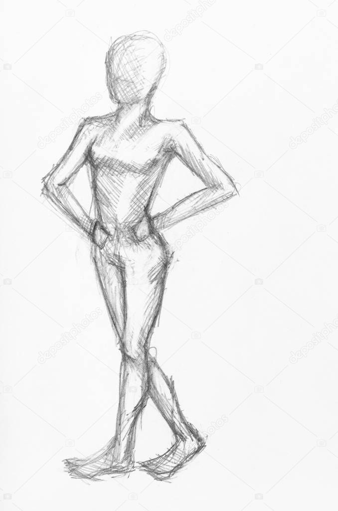 sketch of walking female figure by black pencil