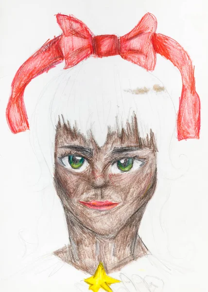 Πορτραίτο της Κάτγουμαν με κόκκινο τόξο σε άσπρα μαλλιά — Φωτογραφία Αρχείου