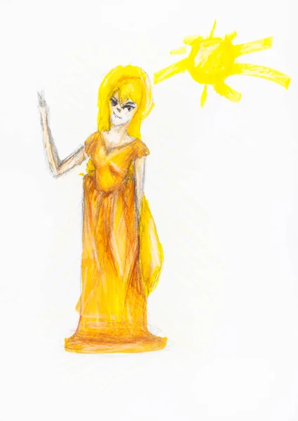 Fairy meisje in lange gele jurk door potloden — Stockfoto