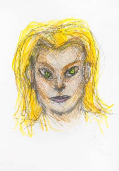 Портрет жінки з жовтим волоссям олівцями — стокове фото