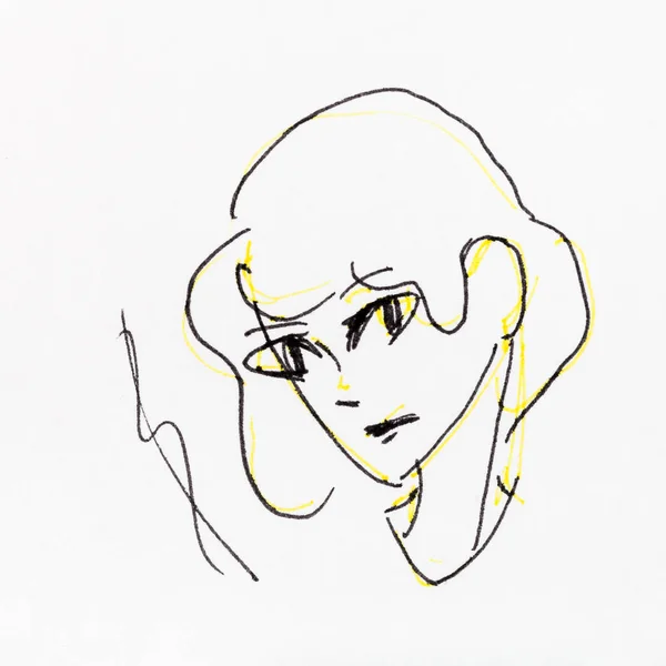 잉크에 의해 그려진 세심한 소녀 손의 머리의 스케치 — 스톡 사진