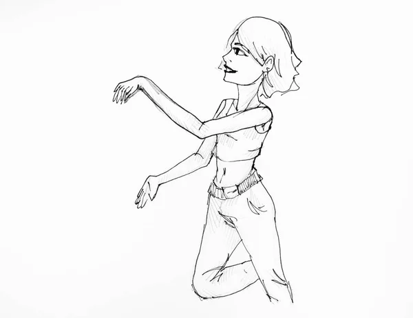 Портрет танцующей девушки в джинсах и топе — стоковое фото