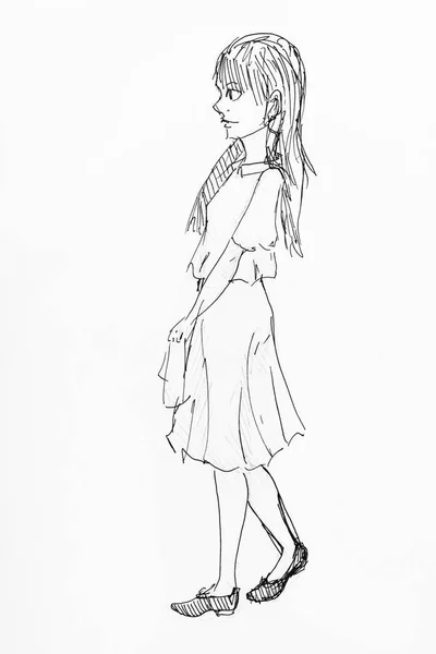 Sketch of girl in strict dress hand drawn by ink — Stock Photo, Image