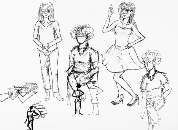 Various female figures hand drawn by black ink — Stock Photo, Image