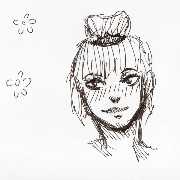 Skizze eines Teenie-Kopfes mit Dutt-Frisur mit Tinte — Stockfoto