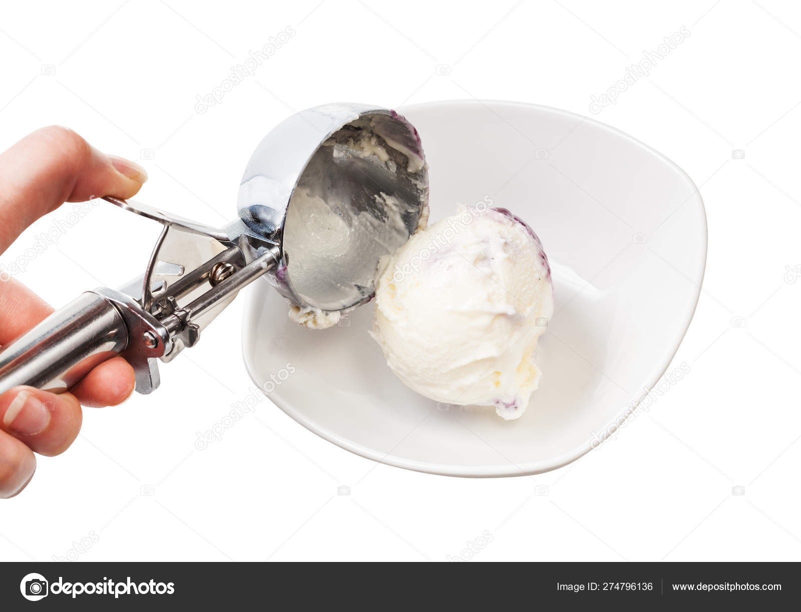 Disher scoop puts a ball of ice cream in bowl Stock Photo by