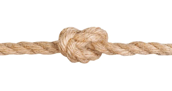 Overhand-Knoten auf dickem Jute-Seil gebunden isoliert — Stockfoto