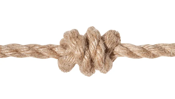 Nó duplo overhand amarrado na corda de juta isolada — Fotografia de Stock