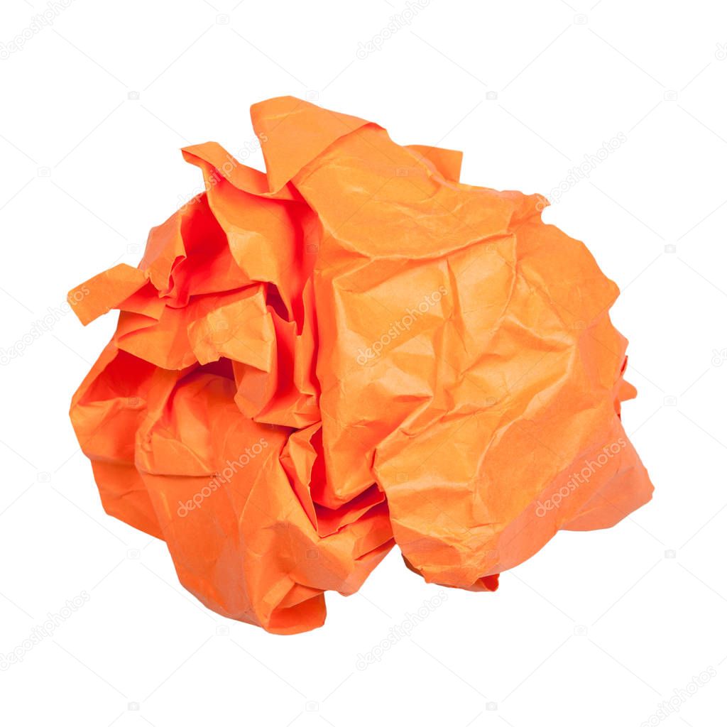 crumpled orange paper ball isolated on white