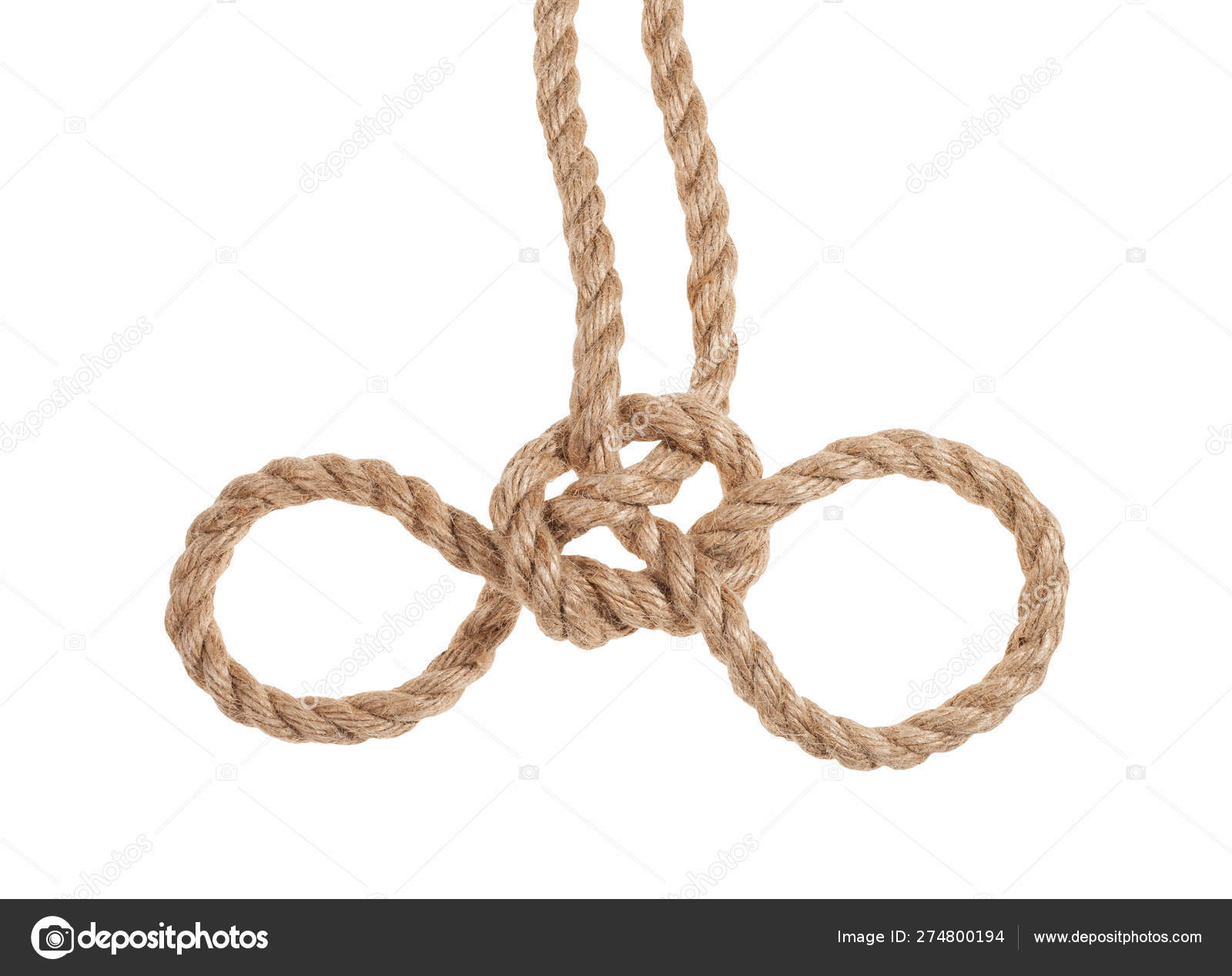 Another side of Handcuff knot tied on jute rope Stock Photo by