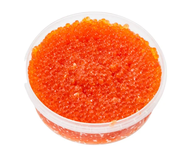Contenitore di plastica con caviale rosso russo salato — Foto Stock