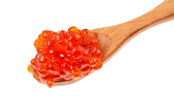 Above view of little spoon with salted red caviar — Stock Photo, Image