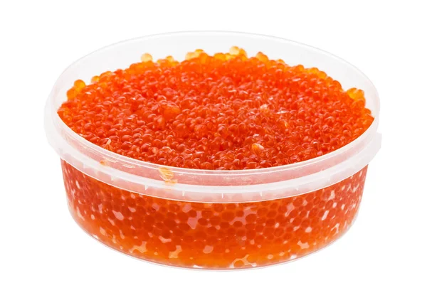 Plastic container with salted red salmon roe — Stock Photo, Image