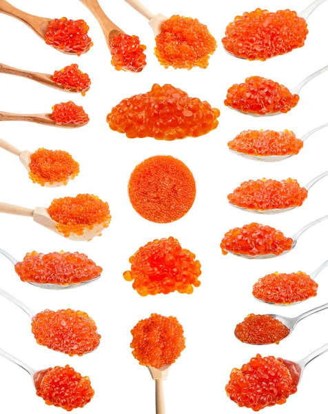 Collage from various spoons with red salmon caviar — Stock Photo, Image