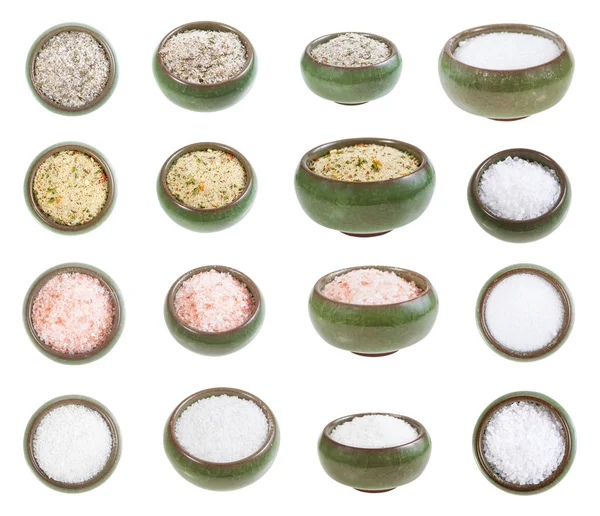 Collection from ceramic salt cellar with salts — Stock Photo, Image