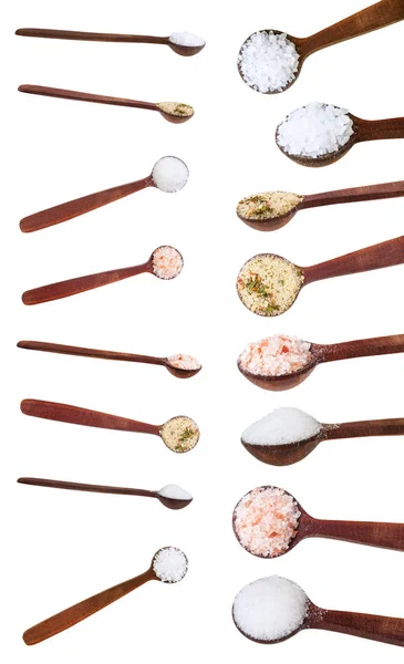 Set aus kleinem Salzlöffel mit verschiedenen Salzen — Stockfoto