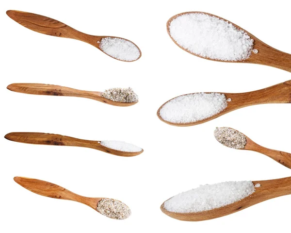 Collage from little wood spoon with various salts — Stock Photo, Image