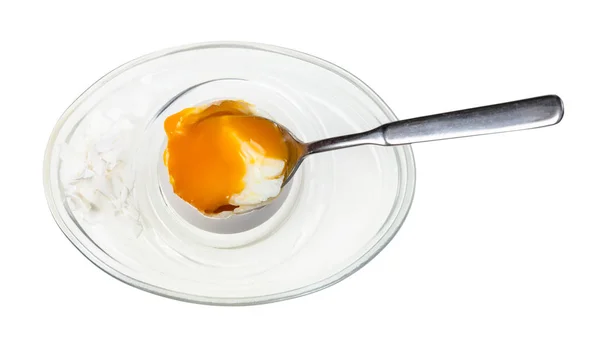 Top view of eating of soft-boiled egg with spoon — Stock Photo, Image