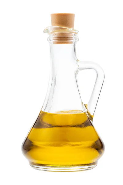 Вид збоку закритого скляного глечика з оливковою олією — стокове фото