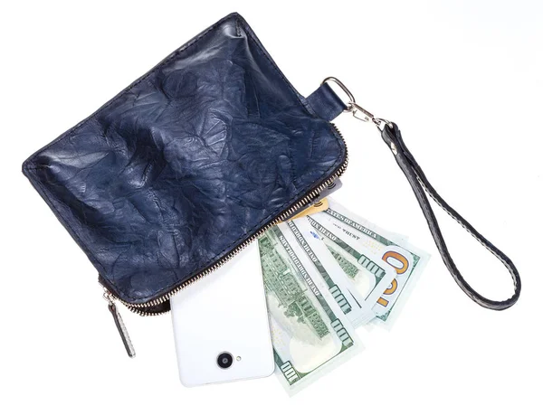 İçinde telefon, kart ve dolar bulunan çanta. — Stok fotoğraf