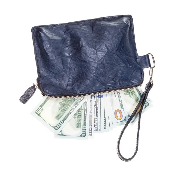 Leather wristlet purse with many dollars isolated — Stock Photo, Image