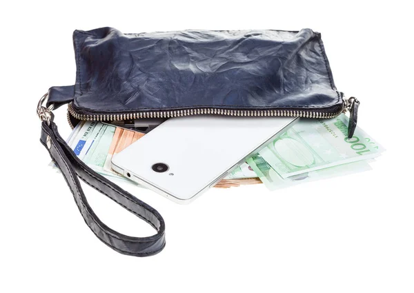 Kabelka taška s telefonem, kartami a euro izolované — Stock fotografie