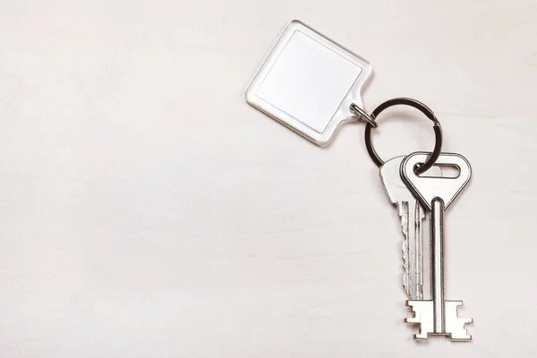 Paquete de llaves en el anillo con llavero blanco en blanco — Foto de Stock