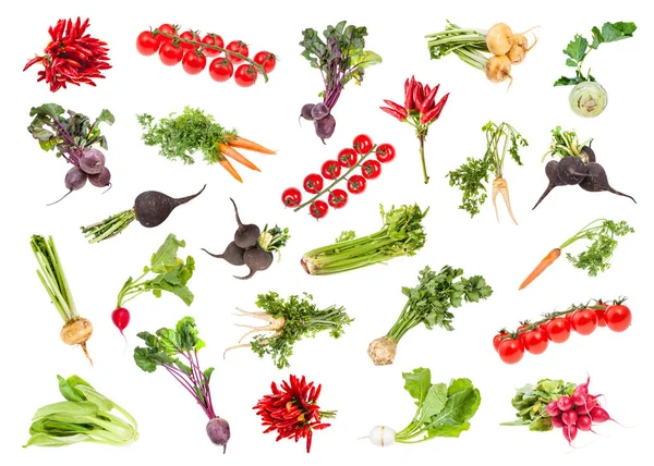 Divers légumes mûrs avec des légumes verts isolés — Photo