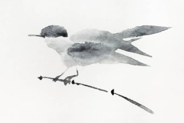 bird on twig of reed hand-drawn by gray ink on old textured paper in sumi-e (suibokuga) style clipart