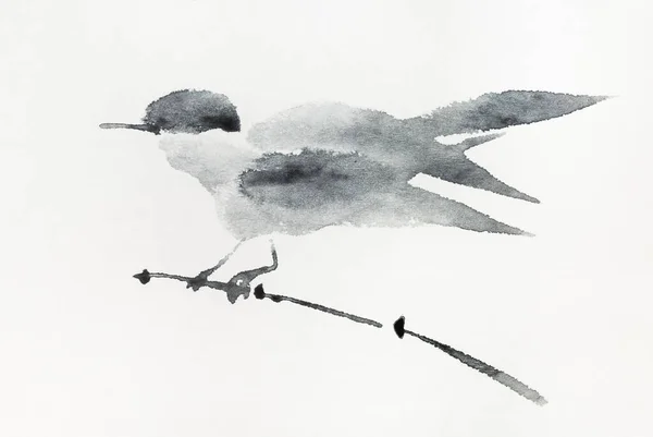 Pájaro Rama Caña Dibujada Mano Por Tinta Gris Sobre Papel — Foto de Stock