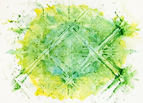 minimalist art - abstract symmetric monotyping painting handcrafted with green and yellow watercolors on old paper