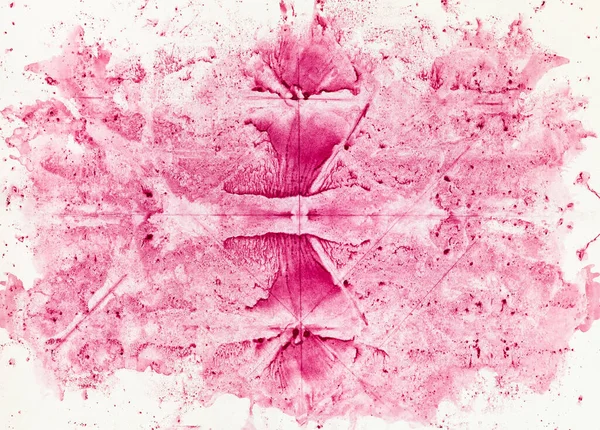 minimalist art - abstract symmetric monotyping painting handcrafted with pink watercolor on old paper