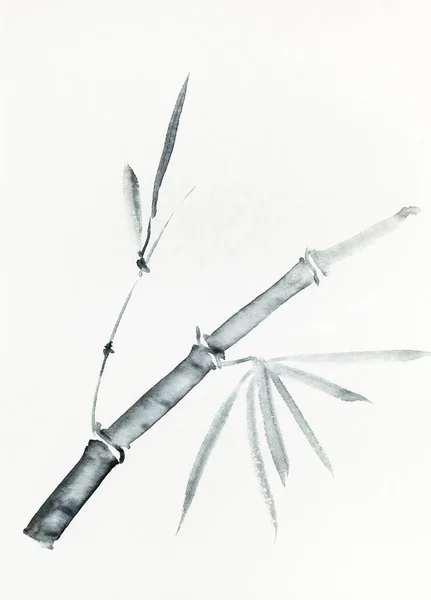 Branch Bamboo Hand Drawn Black Ink Old Textured Paper Sumi — Stock Photo, Image