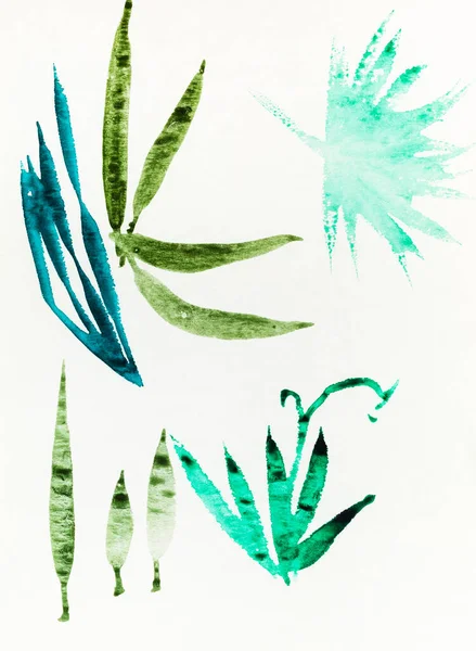 sketches of various leaves hand-drawn by color inks on old textured paper in sumi-e (suibokuga) style