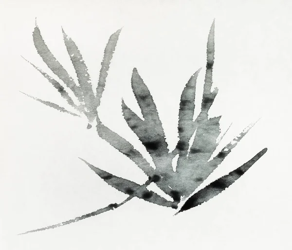Eski Dokulu Kağıda Sumi Suibokuga Stilinde Siyah Mürekkeple Çizilmiş Yaprak — Stok fotoğraf