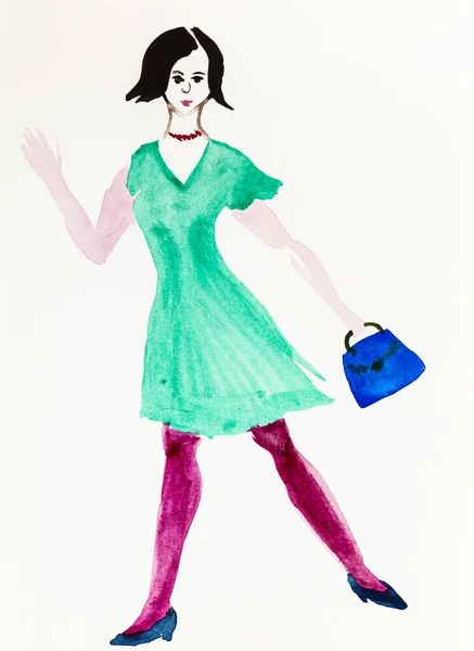 Žena Zelených Šatech Fialové Punčocháče Modrou Kabelkou Ručně Malované Akvarely — Stock fotografie