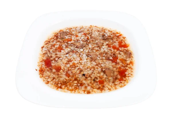 Meat soup with buckwheat in white soup plate isolated on white background — Stock Image Meat Soup Buckwheat White Soup Plate Isolated White Background Stock Image