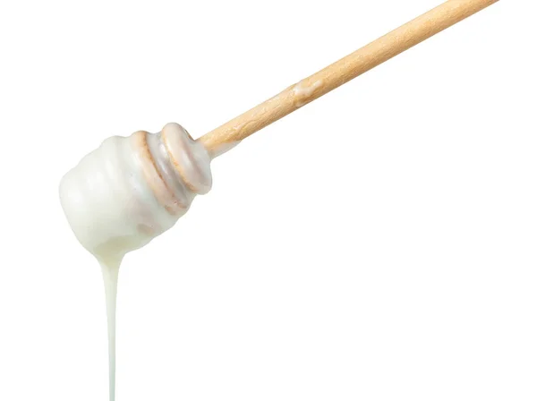 Side View Natural Organic White Honey Pouring Wooden Stick Close — Stock Photo, Image