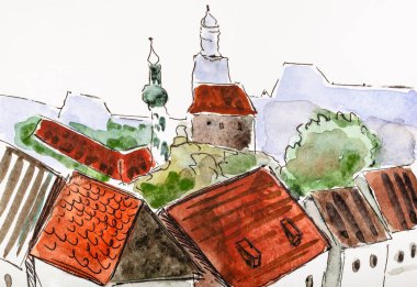 Avrupa 'nın küçük ortaçağ kasabasında yaz mevsiminde suluboya boyalar tarafından beyaz desenli kağıda boyanmış tipik bir manzara.