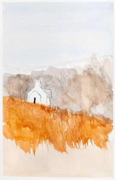 秋天黄山斜坡上的一个小礼拜堂用水彩画在白色纹理纸上的垂直景观 — 图库照片